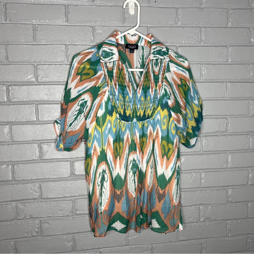 Gigio Multicolor Ikat Short Sleeve Multicolored Blouse Size Small